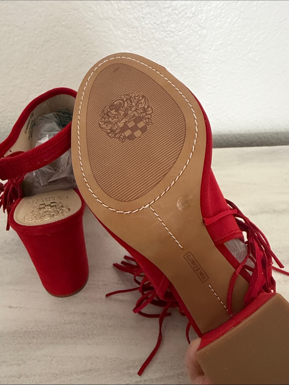 Vince Camuto Winveer Red Suede Fringe Peep-Toe Block Heels Size 10 - Picture 6 of 9